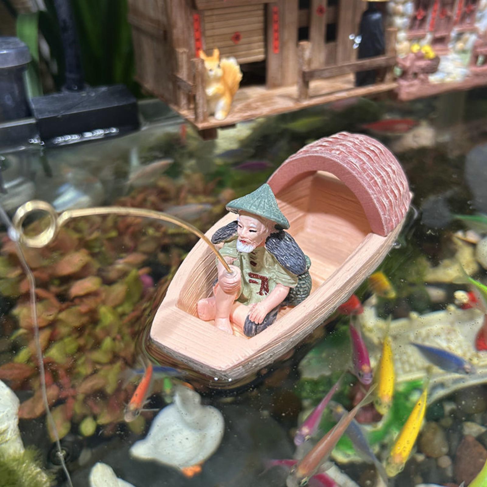 Marine Aquarium Decorations - Resin Floating Fisherman Boat Ornament Mini