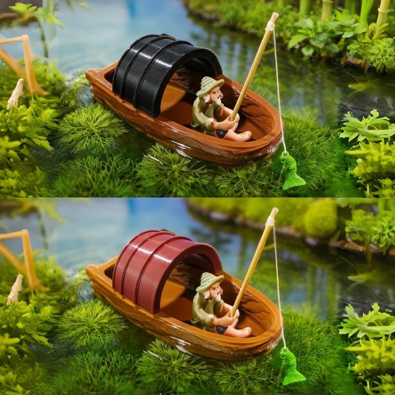 Floating Fisherman Boat Miniat - Marine Aquarium Decorations ulasan dan harga